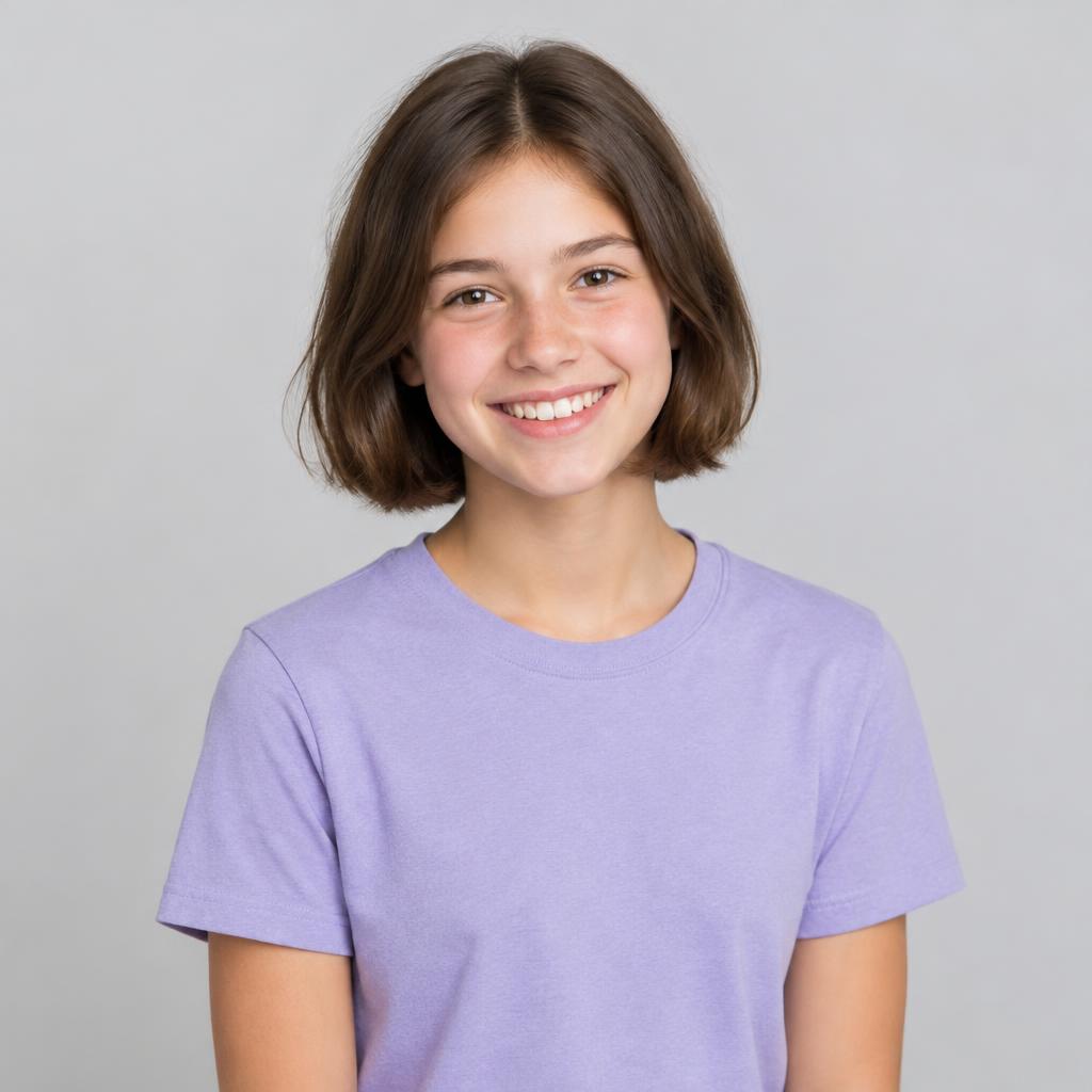 Smiling teenage brunette with short hair