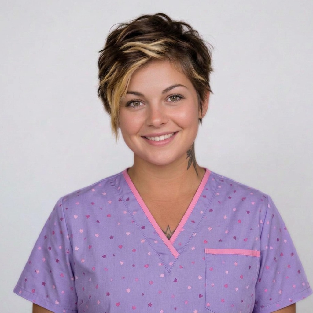 Smiling young nurse in her early twenties with short brunette hair with yellow highlights and a neck tattoo, wearing purple and pink kid-friendly scrubs