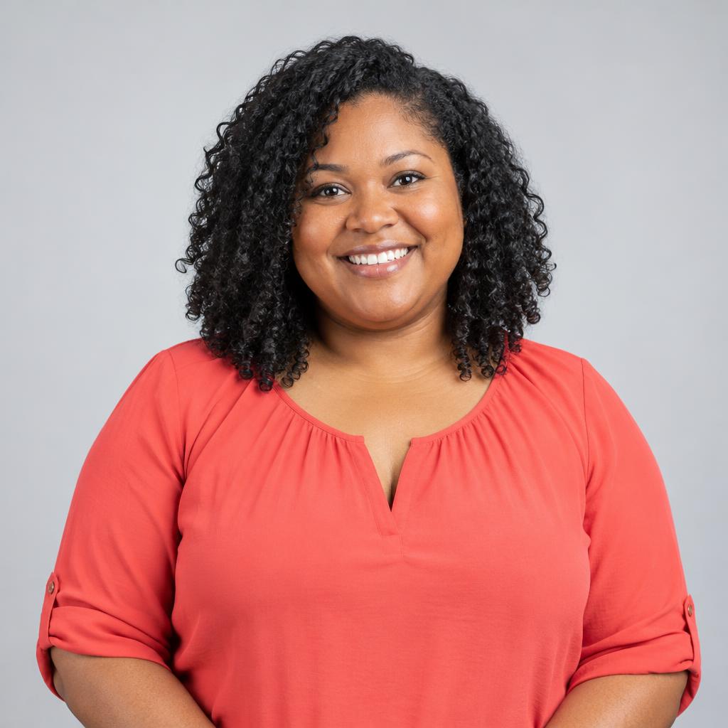 Smiling Black woman with curly hair in a coral blouse