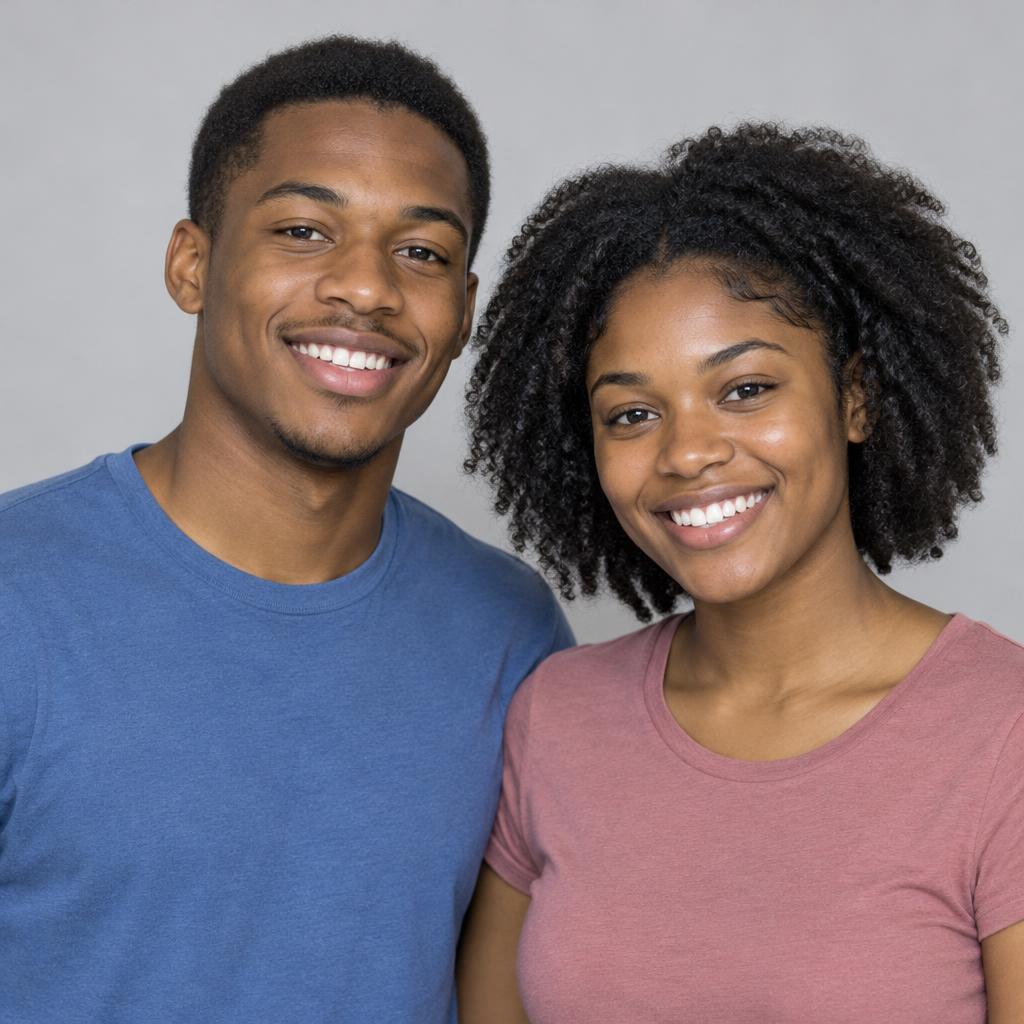 Smiling African-American parents in their early twenties wearing casual T-shirts