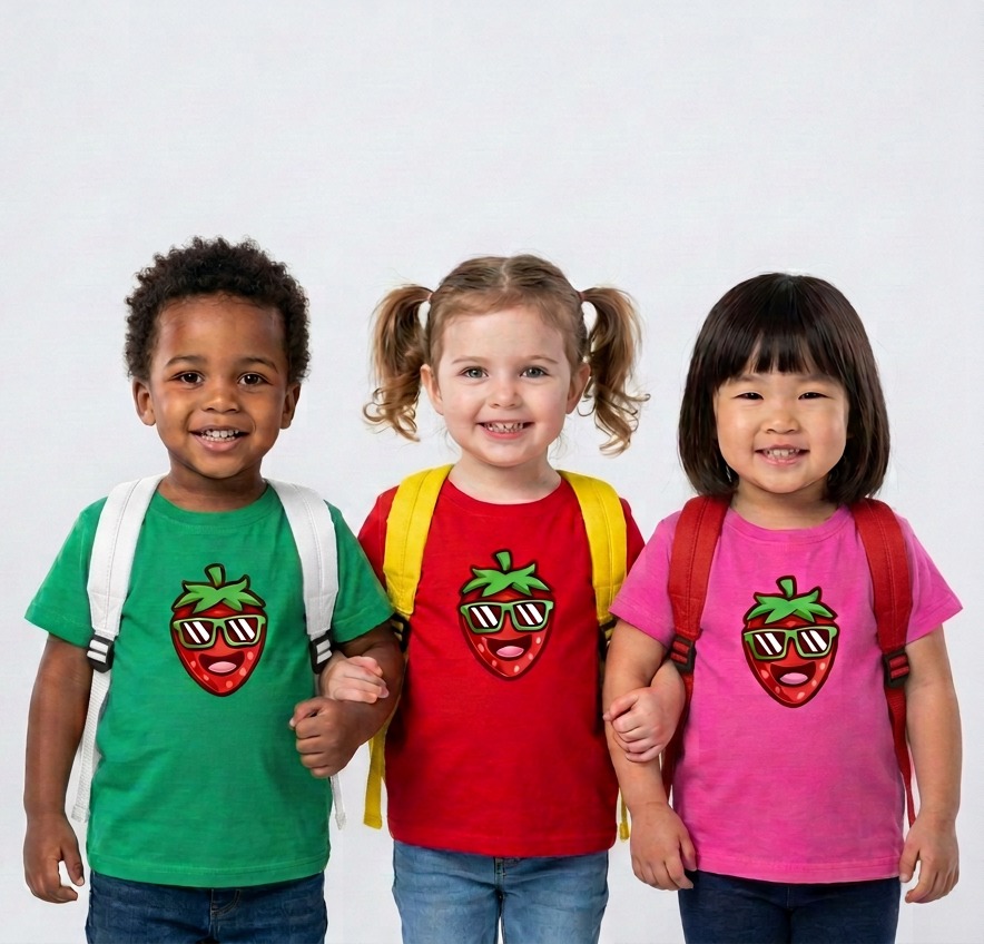Three smiling children wearing green, red, and pink T-shirts with backpacks