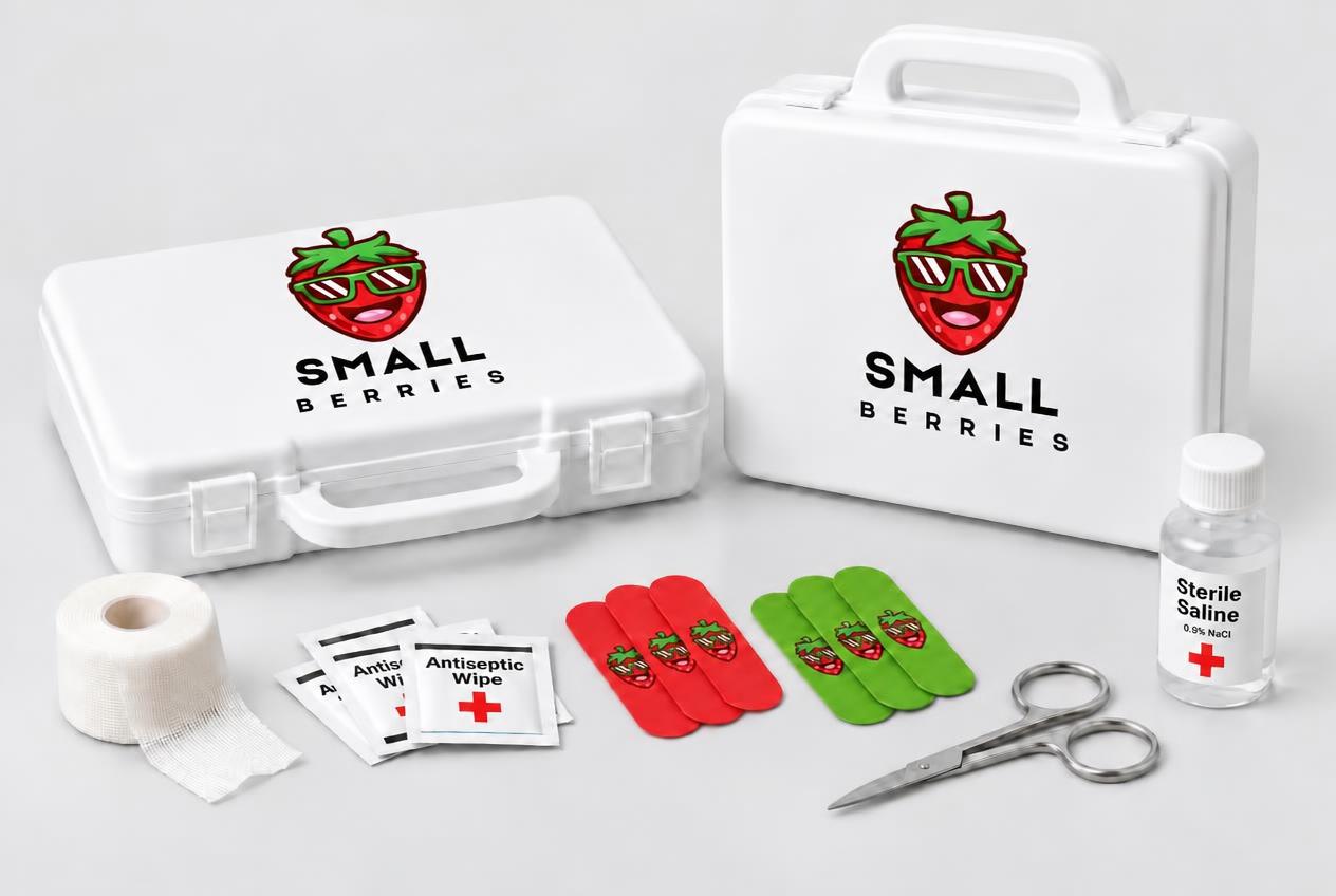 White first aid kits with the Small Berries name beneath the strawberry icon, red and green branded bandages, and supplies on a light gray background