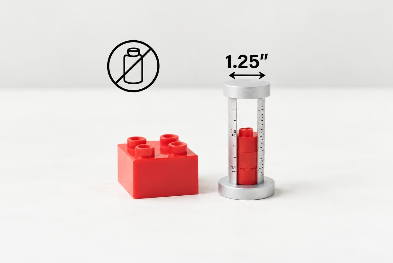 Red toy brick beside a metal small-parts choke test cylinder on a plain white background