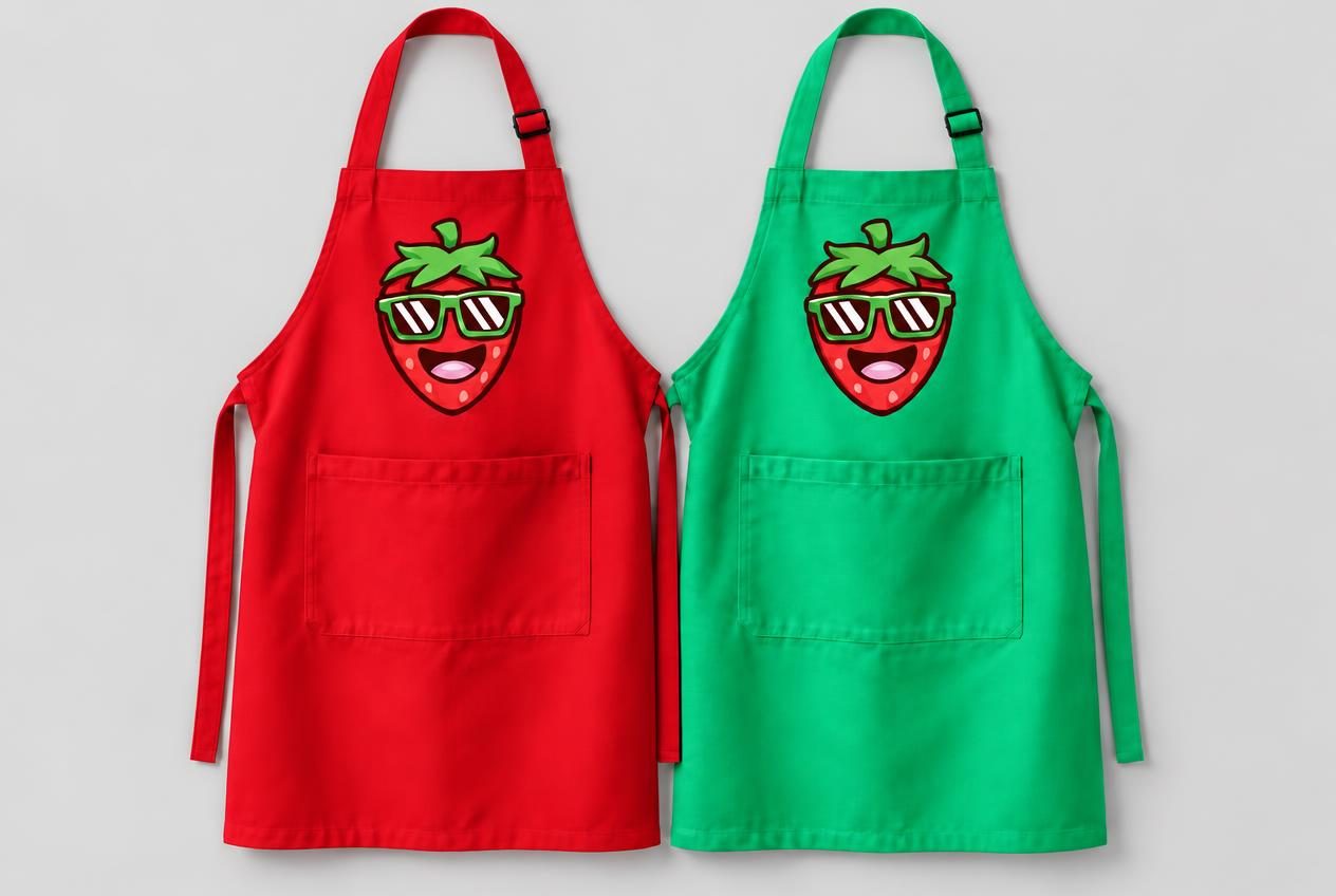 Bright red and fresh green aprons close together on a light gray background, each printed with the Small Berries strawberry mascot