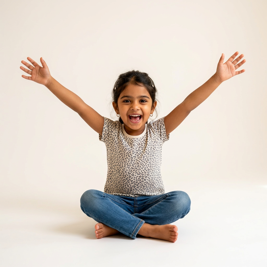 Young Indian girl smiling in a studio portrait with both arms raised wide