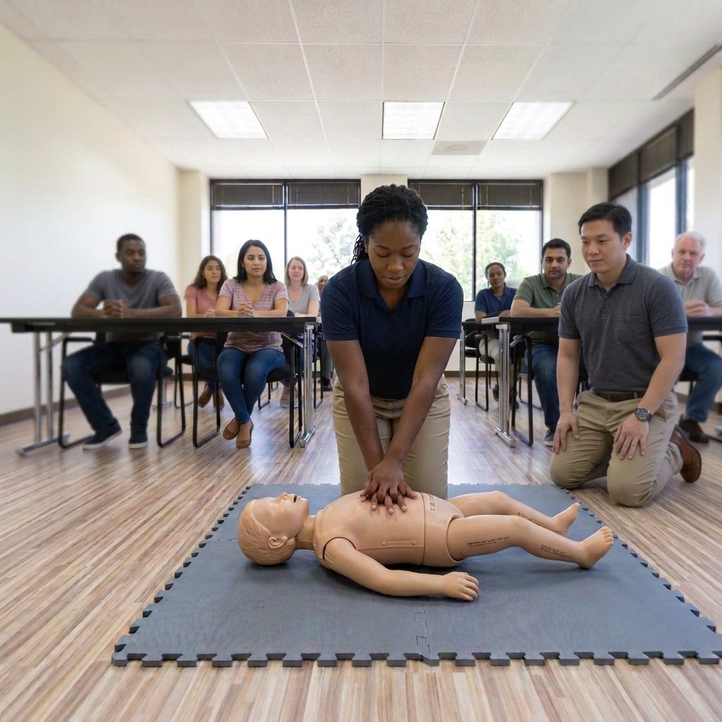 Pediatric CPR practice with a kneeling instructor and a classroom filled with adult students